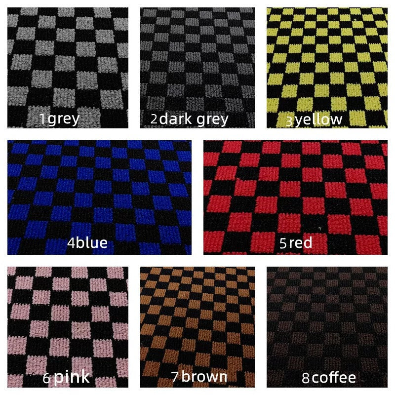 Grid of checkered JDM floor mat swatches in various colors with labels.