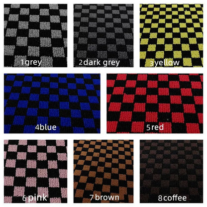 Grid of checkered JDM floor mat swatches in various colors with labels.